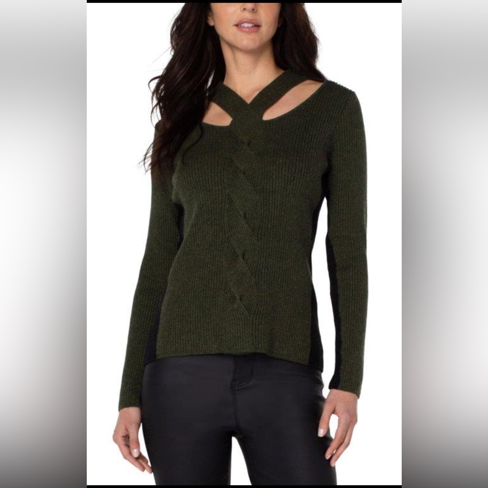 3/$30 NWT Liverpool Los Angeles Green and Black Cutout Ribbed Sweater Size Small